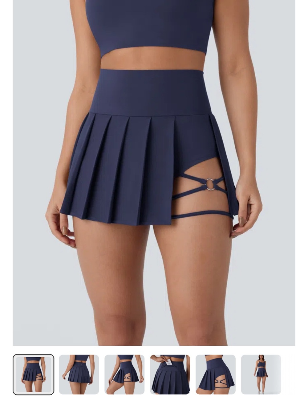 HALARA Navy Pleated Skater Skirt with Strappy Ring Cutout